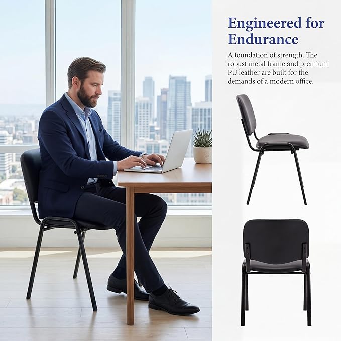 Stackable PU Leather Office Chairs Set of 15 Armless Conference Room Guest Chairs No Wheels Sturdy Metal Frame Waiting Room Reception Chairs for Office Meeting Lobby Black