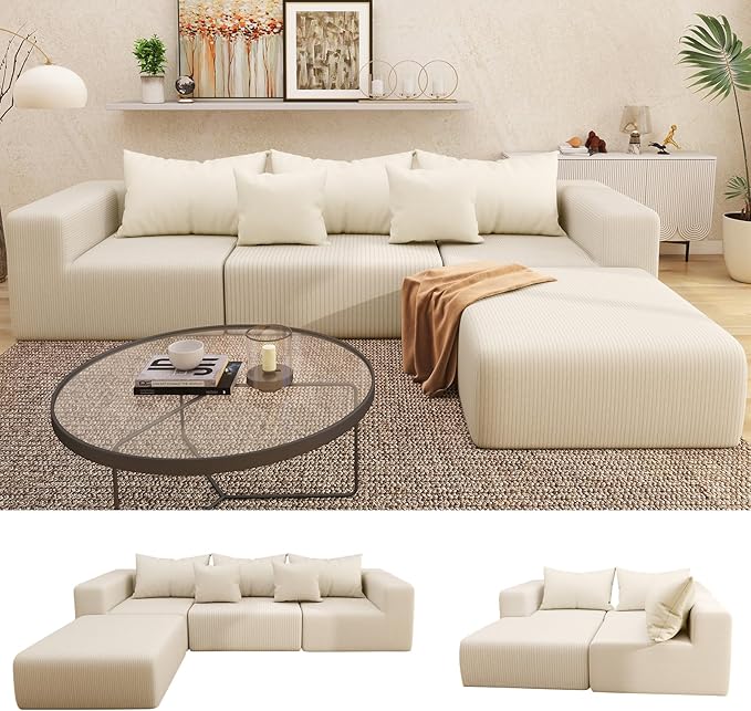 Cloud Modular Sectional Sofa for Living Room L Shaped Sectional Couch with Deep Seat 3-Seater Boneless Couch with Ottoman in Soft Corduroy Fabric Beige