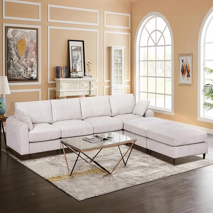Anwick 126 L-Shaped Modular Sectional SofaModern Corduroy Fabric Sofa Couch with Movable Ottoman4 Seat Convertible Sleeper Sectional Couches for Living Room Home Office (Beige 122 U-6 Seater)