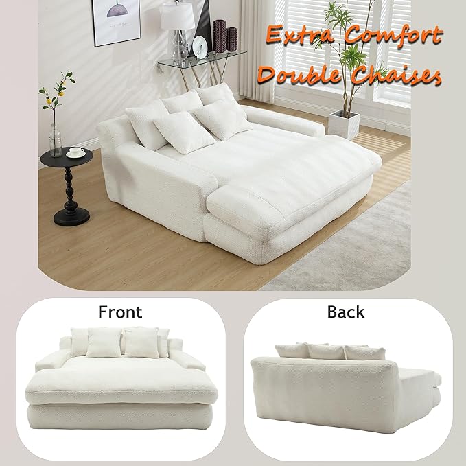 Chenille Double Chaise Lounge Indoor for Huge Person Upholstered Cloud Sofa Bed with 5 Pillows and Armrests Twin Sleeper Sofa Couch Bed for Living Room Guest Room Club (White)