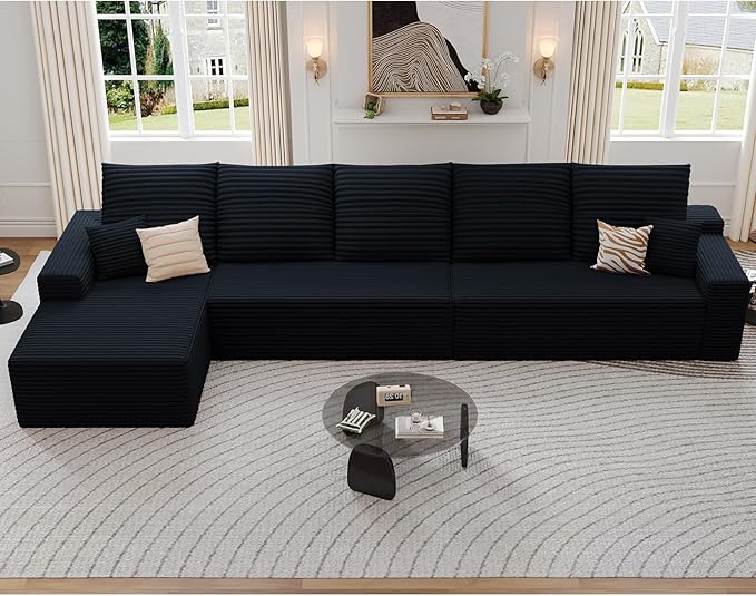 166.9 Cloud Sectional Couch with L-Shape Chaise Modern Modular 4-Seater Sofa with Deep Seat Corduroy Upholstered Couches for Living Room Bedroom No Assembly Required(Black Left Facing)