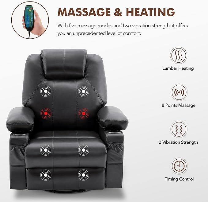 Oversized Swivel Rocker Recliner Chair with Heat and Massage 360 Degree Swivel Rocking Single Sofa with USB Port and Cup Holders Large Big Recliner Chair for Living Room(Leather Black)