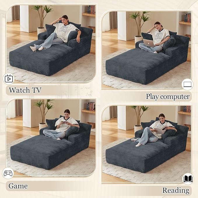 80 Inch Oversized Chaise Lounge Chair IndoorBoneless Corduroy Sofa Bed with Spring CushionDeep Seat Cloud Couch and Reading LoungerSoft Sleeper Sofa for Living RoomNo Assembly Required (Dark Grey)