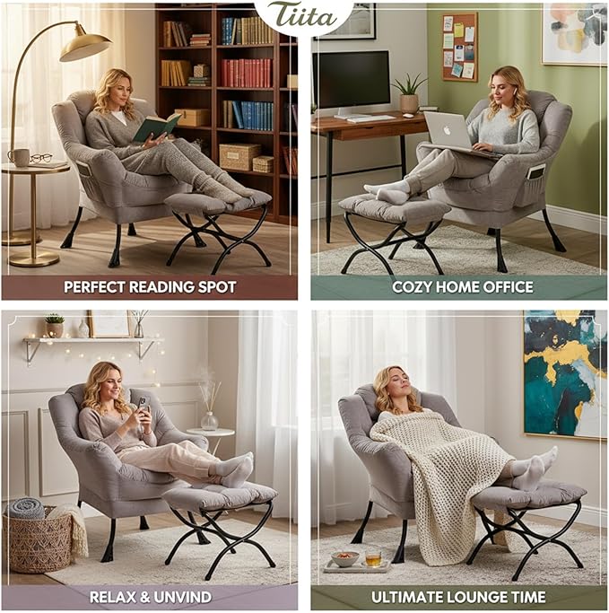 Tiita Modern Lazy Chair with Ottoman Large Accent Armchair Leisure Sofa Armchair with Footrest for Bedroom Living Room and Dorm Rooms