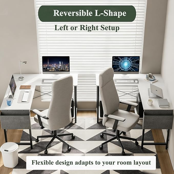 L-Shaped Home Office Computer Desk Gaming Desk with CPU Stand Shelf and Hanging Storage Pocket Corner Student Study Writing Table Sturdy Metal Frame 43.3 D x 50 W Classic White