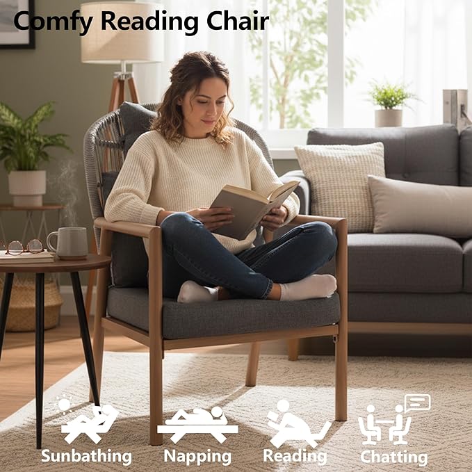 Modern Living Room Chairs Accent Chairs Set of 2 with Coffee Table Comfy Arm Chair with Cushions/Headrest Reading Lounge Chair Rattan Recliner Seating Braid Armchair for Bedroom Grey