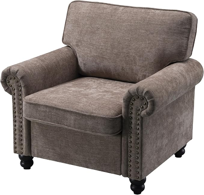 Nailhead Armchair Rolled Arms Accent Chair for Living Room Single Sofa Chair with Springs Seat Cushion &amp Wooden Legs Mid-Century Armchair for Apartment Office Farmhouse Light Brown
