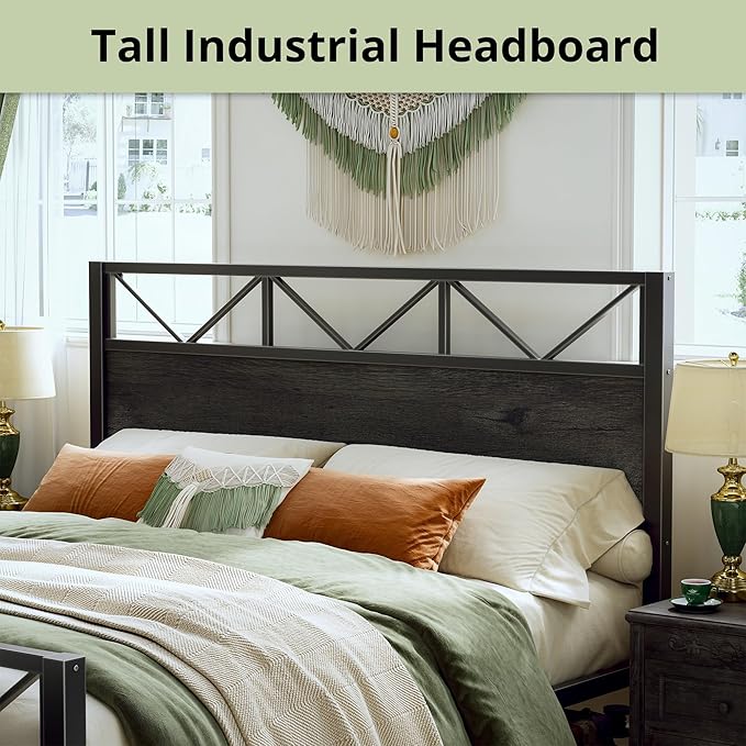 LIKIMIO King Bed Frame Tall Industrial Headboard 51.2  Platform Bed Frame with Strong Metal Support Solid and Stable Noise Free No Box Spring Needed Easy Assembly Charcoal Grey
