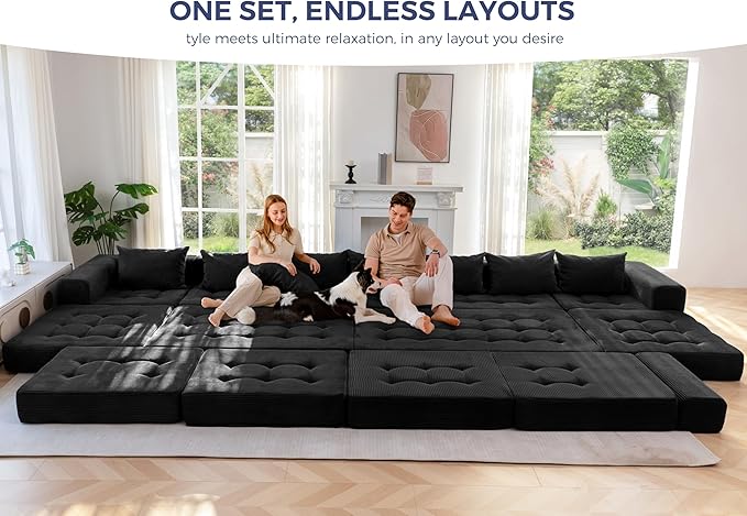 MAXYOYO Modular Sectional Sofa Couch Foldable Oversized U Shaped Cloud Couch with Pillows Tufted Boneless Sleeper Lounger Floor Sofa Bed for Living Room No Assembly Required Black