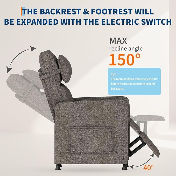 PeakPursuit Power Recliner Chair with Electric Adjustable Back USB Port &amp Side Pockets Single Overstuffed Recliner Chair for Living Room Bedroom or Home TheaterBrown