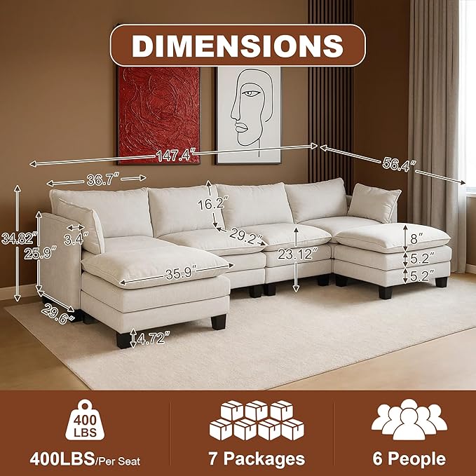 111” Modular Sectional Sofa L Shaped Cloud Couch with Ottoman Chenille Deep Seat Sofa with Pillow for Living Room Bedroom and Apartment 6 Seats Beige
