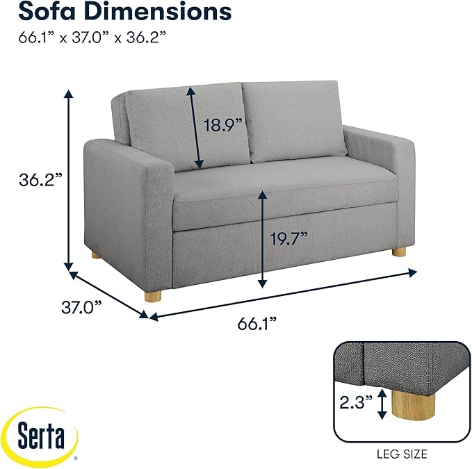Serta Tulsa 66.1 Convertible Sleeper Loveseat Full Size Dreamcoil Comfort FingerGuard Pinch Point Protection Boucle Fabric Grey