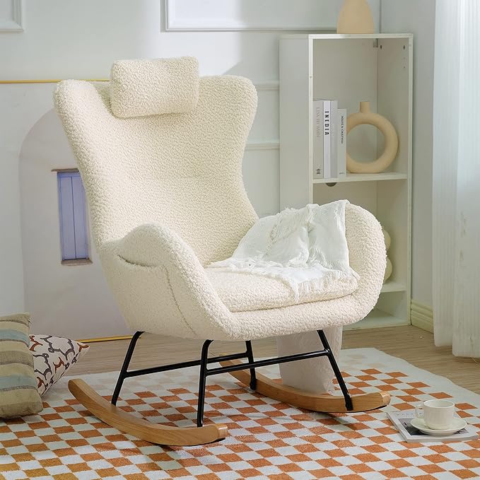 Rocking Chair with Rubber Leg and Cashmere Fabric Suitable for Living Room and Bedroom