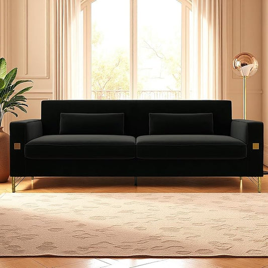 KEIKI 86 Oversized Luxury Velvet Sofa with Armrest and Removable Plush Cushions Minimalist Gold Accents 3-Seater Couch with Solid Legs Easy Assembly for Living Room Bedroom Apartment Black