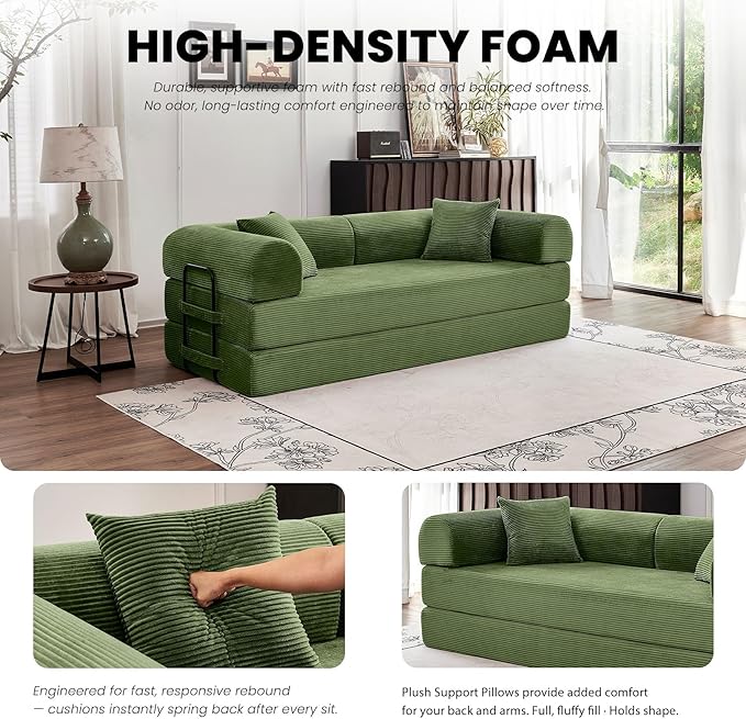 79 5-in-1 Convertible Sofa Bed Premium Sleeper with Reinforced Frame &amp Plush Corduroy No Assembly Modular Couch for Lounge Guest Room &amp Small Space Olive Green