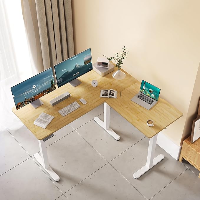 Claiks L Shaped Standing Desk Adjustable Height Dual Motor Electric Corner Standing Desk 63x55 inch with Splice Board Bamboo