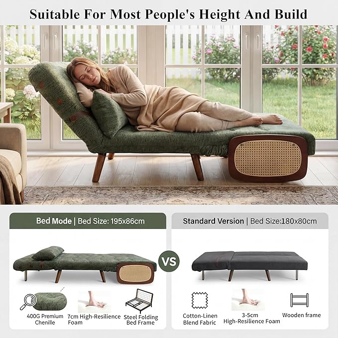 Green Chair Bed Sleeper for Adults Foldable Large Single Sofa Bed 400g Chenille Velvet Fabric Suitable for Living Rooms Bedrooms Study Rooms and Balcony Compact Spaces (Width 43 inches) | Extend