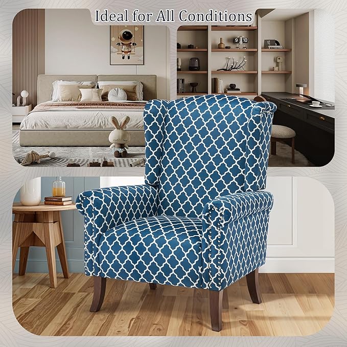MOJAY Modern Accent Chair Comfy Wingback Armchair Blue Plaid Club Chair with Wooden Legs for Living Room Bedroom Office or Balcony
