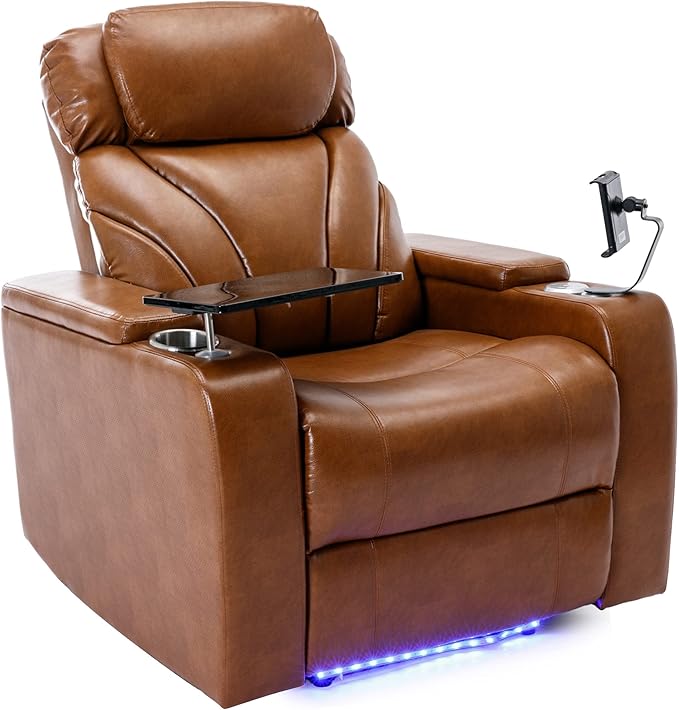 Power Motion Recliner Electric Power Recliner with Hidden Arm Storage Cup Holder Phone Holder Tray Table Faux Leather Rocker Chair for Small Spaces (Light Brown/78)