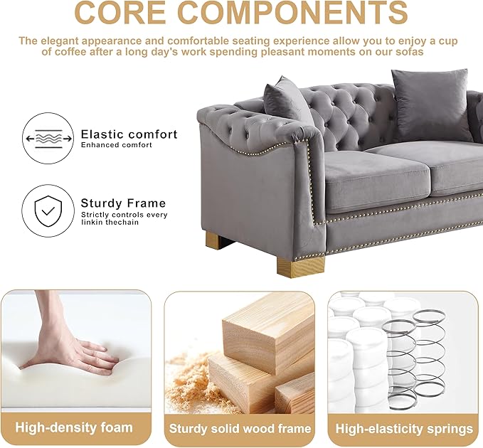 62 Chesterfield Loveseat Grey Velvet Combination Sofa 2 Cushion Classic 6.5 Rolled Arm Modern Couch Suitable for Living Room
