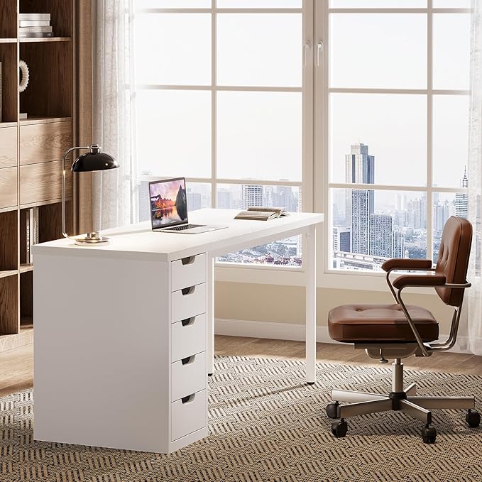 Tribesigns Modern Simple Computer Desk 47 Inches PC Desk with 5 Reversible Drawers Rustic Brown Study Writing Table Workstation for Home Office Small Spaces (All White)