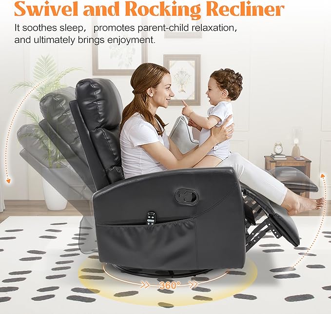 Luxlen Manual Swivel Rocker Recliner Chair with Massage Overstuffed Recliner Glider with Vibration Massage and Heat for Nursery Living Room Reclining Sofa Chair PU Leather Black