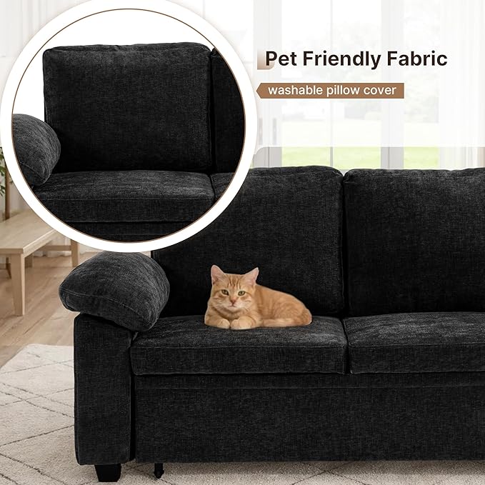 85 Modular Sectional Sofa Bed with Storage L Shaped Pull-Out Sleeper Sofa Removable Chenille Sofa Cover for Living Room (Black 5 Seat) | Modular Sectional Removable Cover Built-In Storage Hidde