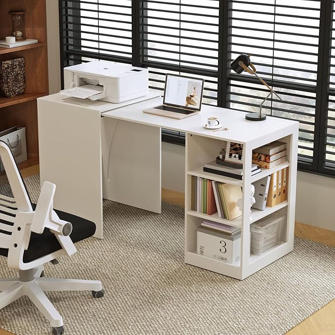 Folding Desk with Storage Computer Desk with 3-Tier Shelves for Compact Spaces Pull Out Writing Table for Home Office Bedroom Kitchen Living Room