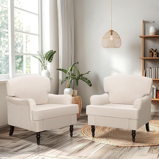 Sophia &amp William Living Room Chair Set of 2 Upholstered Accent Chair with Wood Legs Comfy Linen Fabric Armchair Off-White