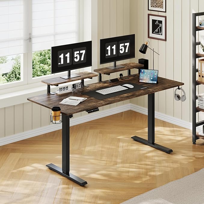 63 x 24 Inches Electric Standing Desk with 2 Monitor Shelves Adjustable Computer Desk from 28-46'' Sit to Stand UpHome Office Desk with Memory Controlller for Workstations Rustic Brown