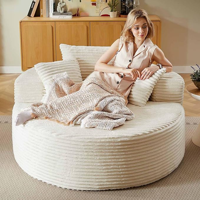 55''Oversized Round Chair Lounge Chaise IndoorCloud Boneless Large Circle Chair with Plush CorduroyNo Assembly RequiredFluffy Modern Sleeper Sofa Bed for ReadingLiving Room(BeigeFabric Upgrade)