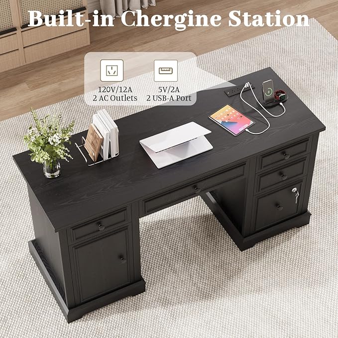 Vipbear 59 Farmhouse Executive Desk with Drawers Wood Home Office Computer Desk Featuring Lockable File Drawer Storage Cabinet &amp Power Outlet Storage Cabinet for Work Study Writing (Black)