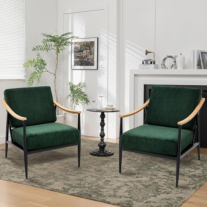 Modern Accent Chairs Set of 2 for Living Room Bedroom Mid Century Arm Chairs Upholstered Office Accent Chairs Comfy Waiting Room Chairs with Metal Frame Green