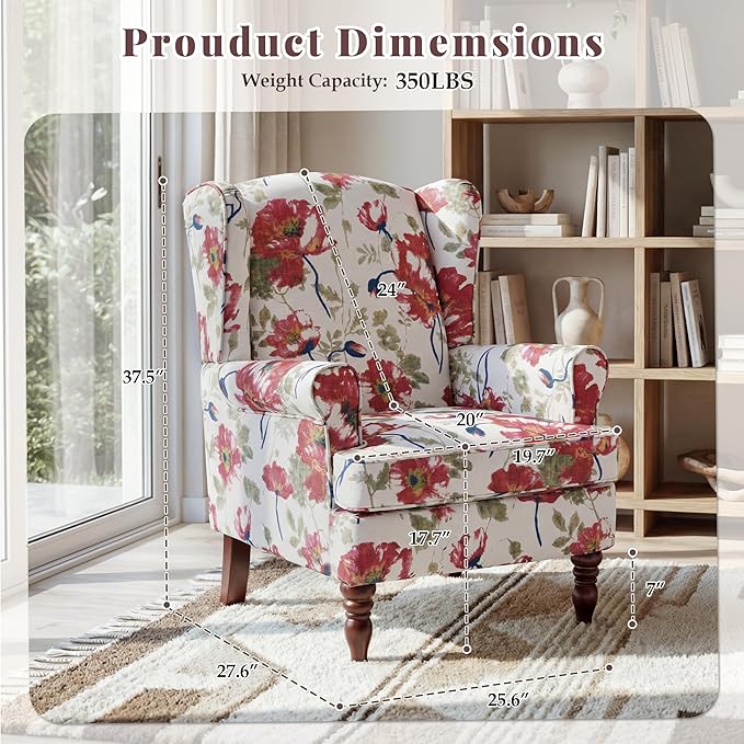EROMMY Floral Accent Chair Comfortable High Back Upholstered Armchair with Solid Wood Legs Leisure Single Sofa Chair for Living Room Bedroom Home Office Pink Floral