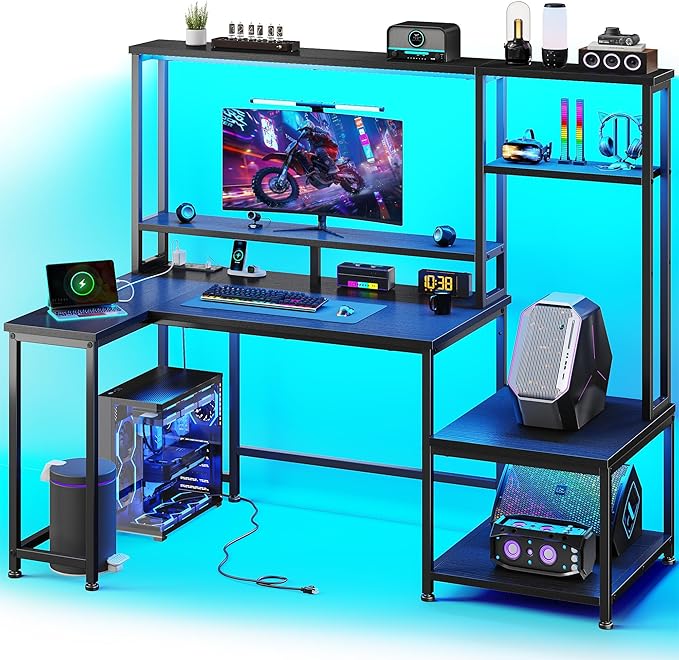 Gaming Desk with LED Lights &amp Outlets55 L Shaped Computer Desk with Shelves &amp Storage HutchReversible Corner Gaming Table with Printer Space &amp Monitor Stand for Home OfficeBlack