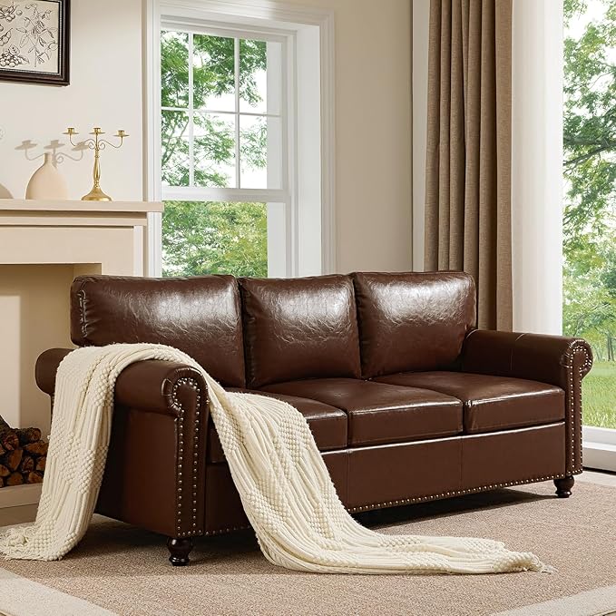 79” Leather Sofa Couch with Storage Mid Century Modern Rolled Arm Couches for Living Room Furniture Nailhead Trim Dark Brown