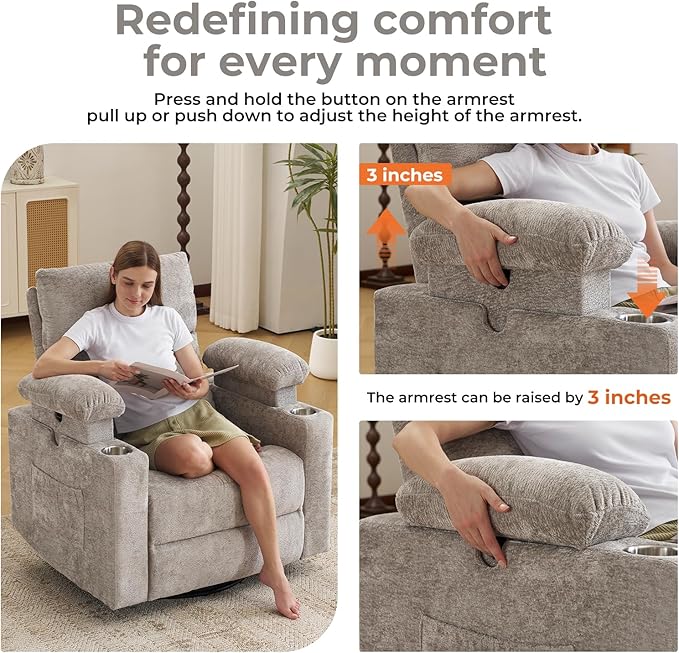 Power Recliner with Adjustable Armrests Rocking Chair Nursery with Massage and Heat Electric Glider Recliner Nursing Chair for Breastfeeding Swivel Rocker Recliner Chenille Light Grey