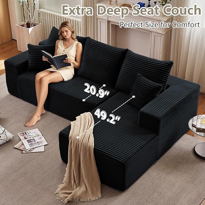 107 Modular Sectional Couches for Living Room Comfy Boneless L Shaped Cloud Couch with Chaise Lounge Modern Cozy Corduroy Deep Seat Floor Sofa Memory Foam No Assembly Required Black