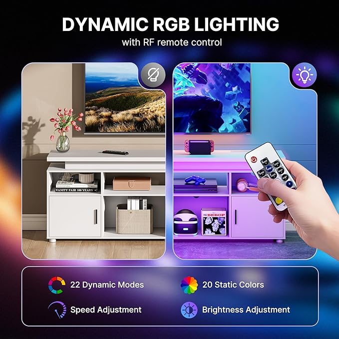 SUNCOZE TV Stand Entertainment Center with LED Lights and Cabinet for 70/75/80 Inch Modern TV Console Gaming Media Television Stands with Power Outlets for PS5 in Living Room and Bedroom White