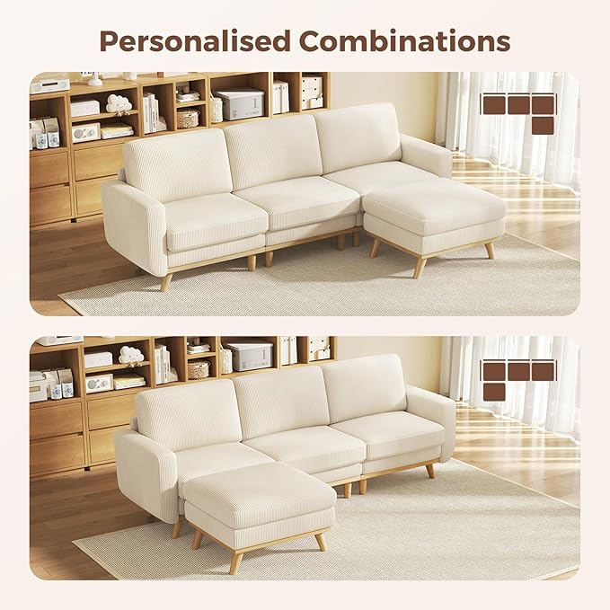 97 Beige Corduroy Modular Sectional Sofa L-Shaped Couch with Movable Ottoman &amp Spring Cushion Deep Seat Modular Sofa for Living Room Bedroom Apartment