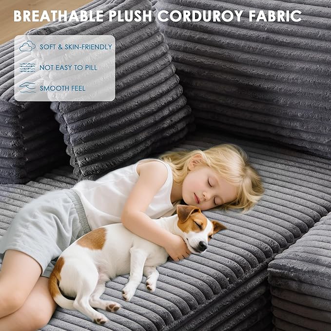 107 Cloud Couch Modular Sectional L Shaped Couch with Chaise Deep Seat Sofa Fluffy Corduroy Couches Boneless Couch for Living Room Gray Left Facing Chaise