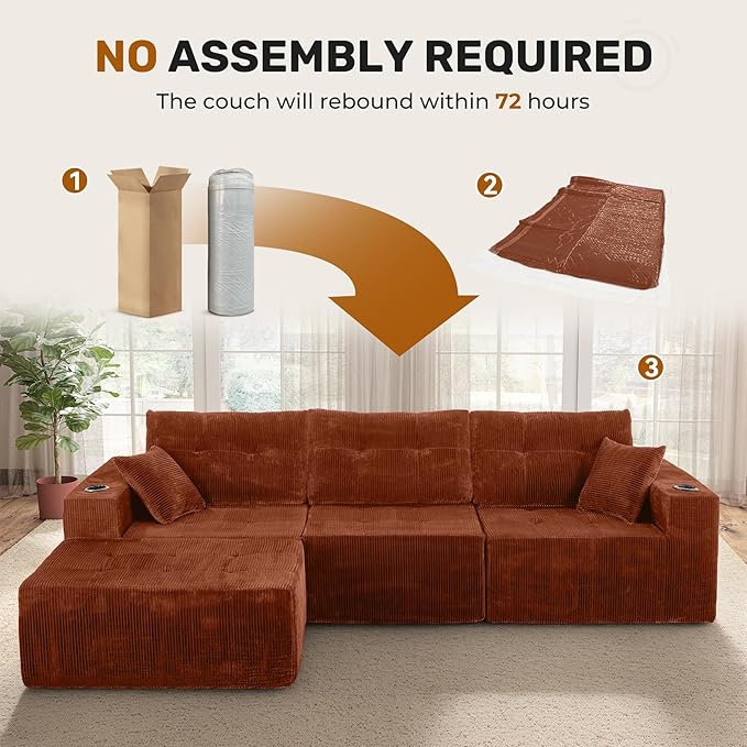 113 Modular Sectional Sofa for Living Room Convertible L-Shape Couch with OttomanModular Sectional SofaReddish Brown Corduroy
