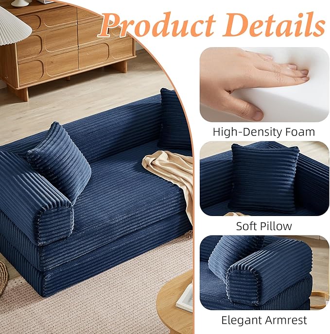 78 Inch Convertible Folding Sleeper Sofa Bed Fold Out Floor Sofa Couch with Fixed-Shape Frame Cloud Corduroy Foldable Mattress Couch for Living Room Bedroom (Blue)