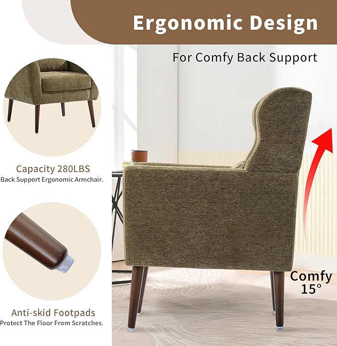 Modern Accent Chair Upholstered Arm Chair with Waist Pillow Single Sofa Chair for Living Room Bedroom Small Spaces (Olive)
