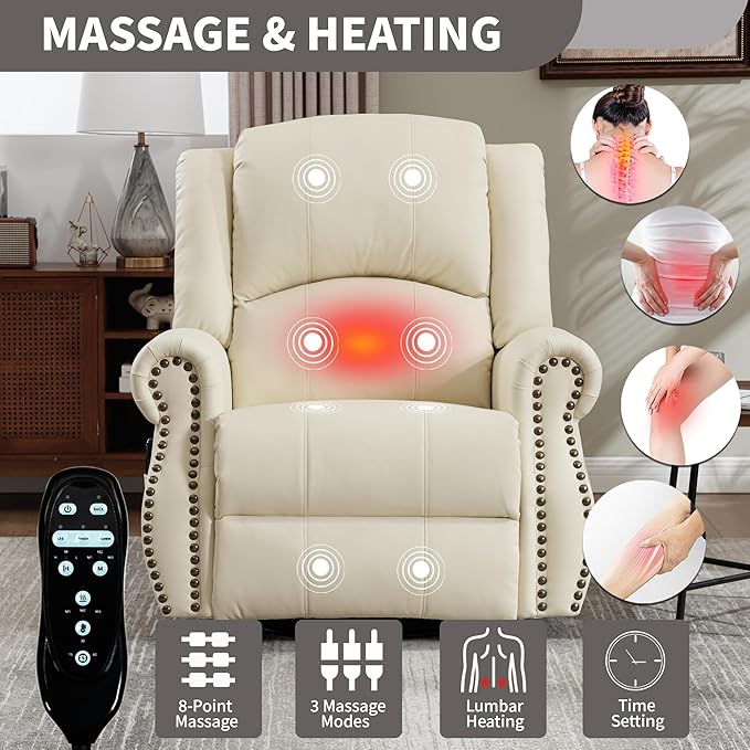 PELUMY Breathable Leather Swivel Rocking Recliner Chair for Adults 360° Swivel Glider Rocker with Heat &amp Vibrating Massage Lounge Chair for Living Room Bedroom Nursery (Creamy Beige)