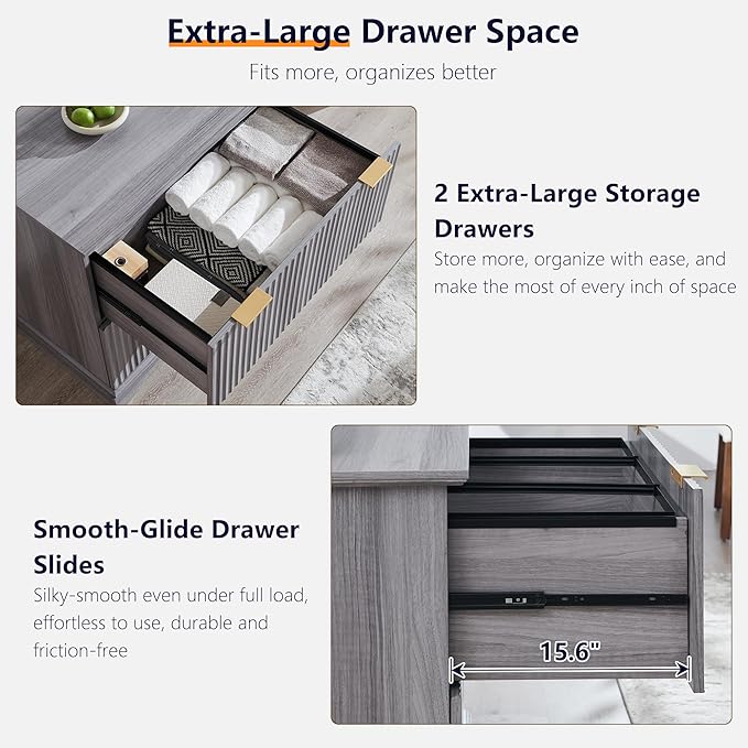 JXQTLINGMU 2 Drawer File Cabinet with Charging Station 30 Fluted Lateral File Cabinet w/Files Hanging Rod for Letter/Legal/A4 Large Tabletop for Printer Office Wood Printer Cabinets Grey