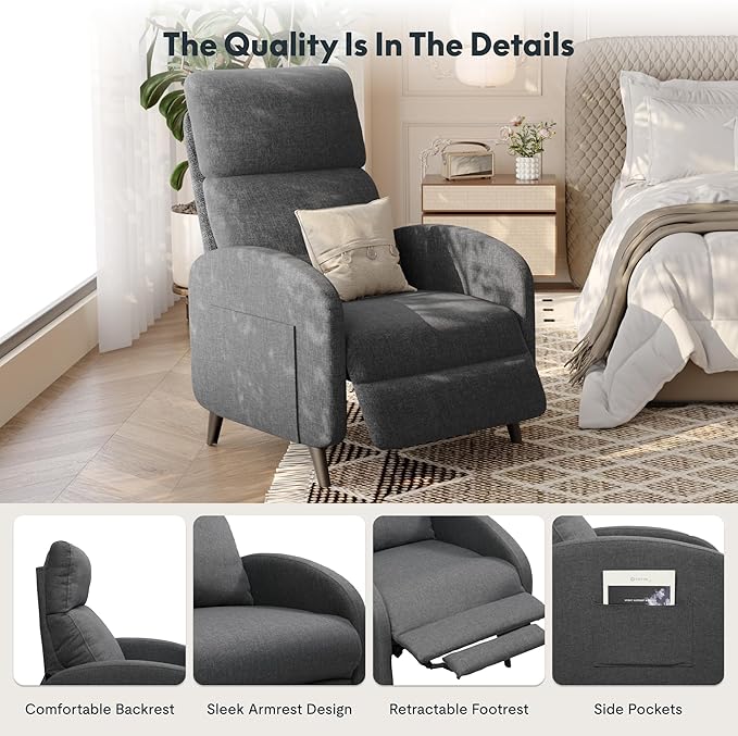 FLEXISPOT XC2 Recliner Chair for Adults Fabric Small Reclining Chair Home Theater Seating with Side Pockets Adjustable Modern Single Sofa Armchair Extended Footrest for Living Room(Gray)