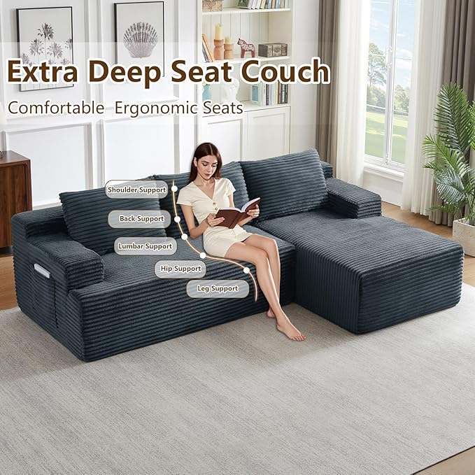 96 Cloud Sectional Sofa Boneless Couch for Living Room Modular Sectional Sofa with Deep Seat Fluffy Comfy Corduroy Couch with L-Shaped Chaise No Assembly Required (Grey Right Facing)