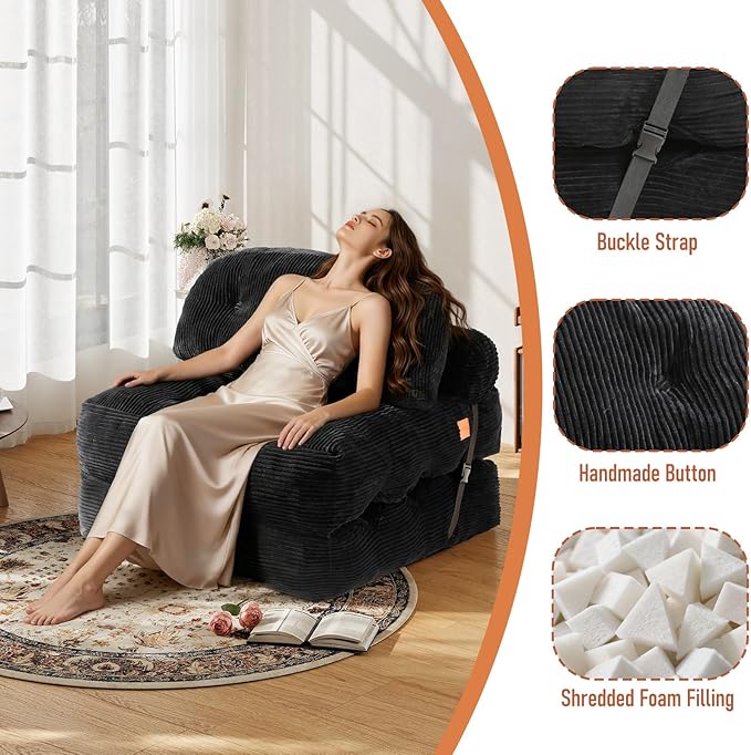 Folding Sofa Bed Convertible Sleeper Chair with Back Support and Pillow FutonBoneless Foldable Couch for Living Room/Guest Use/Home Office Foldable Chair Bed for Adults Black
