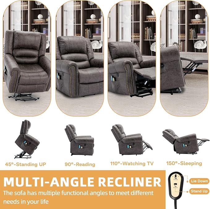 Electric Power Lift Recliner Chairs with Massage and Heat for Elderly Overstuffed Wide Ergonomic Lounge Chair Classic Single Sofa for Living Room with 2 Remote Control/USB Ports(Grey)